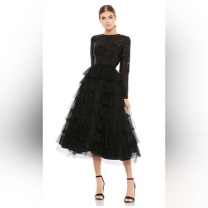 Ieena for Mac Duggal, Long Sleeve Ruffle Tiered Midi Dress, Black,‎ Size 2, NWT